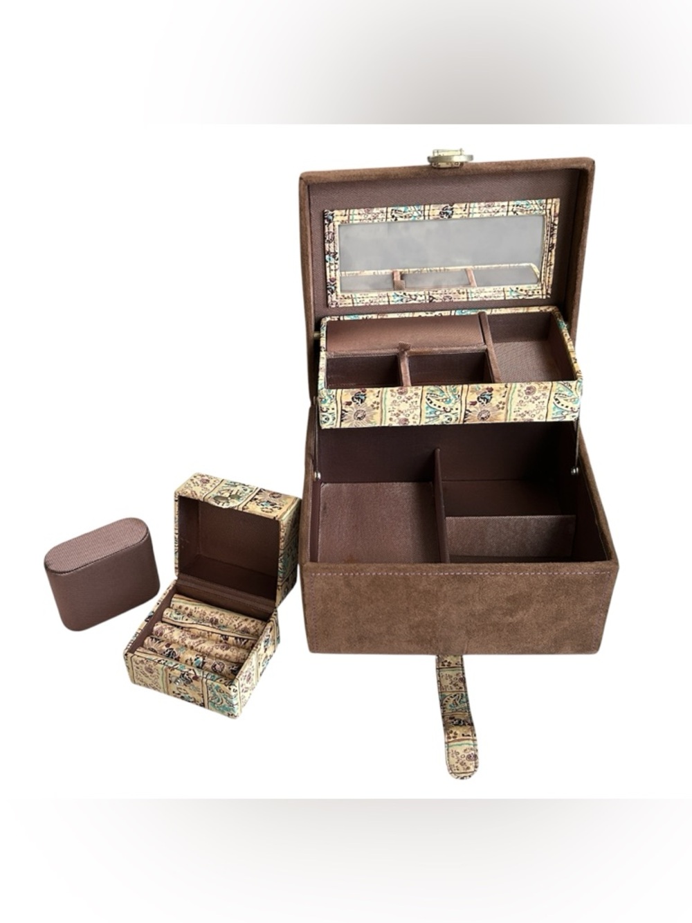 WOLF Designs Jewelry Box Travel Case | Brown Faux Suede | Paisley | Multi Tier - Picture 8 of 11
